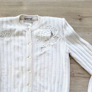Vintage Nordstrom Italy White Cardigan Sweater Embroidered Rhinestones Large